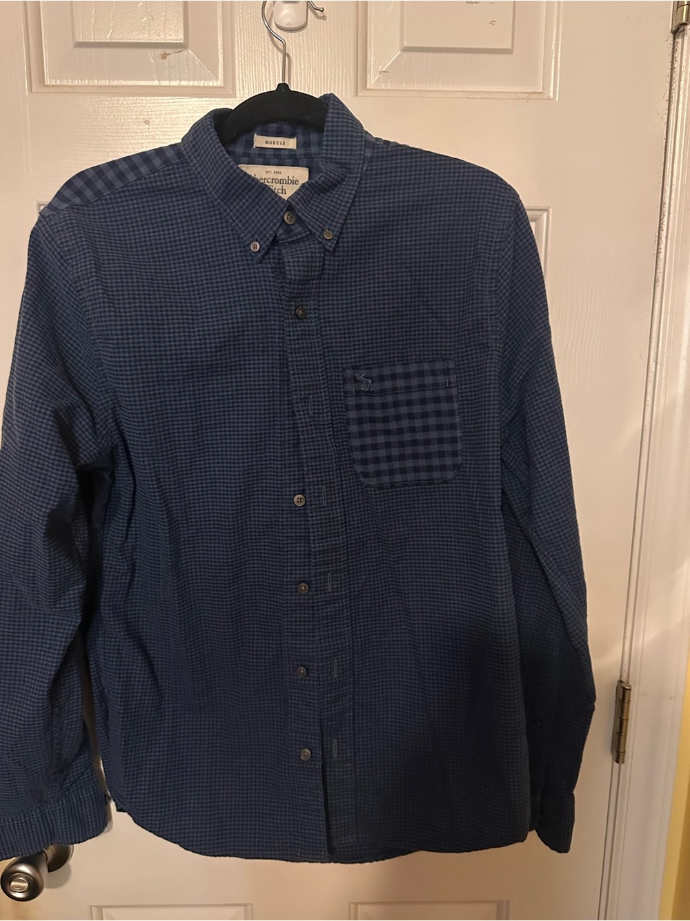 Abercrombie & Fitch Men's Navy Blue Checked Button-Down Shirt
